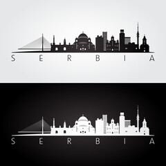 Naklejka premium Serbia skyline and landmarks silhouette, black and white design, vector illustration.