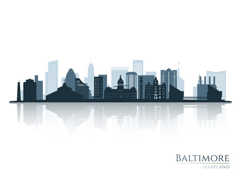 Baltimore skyline silhouette with reflection. Landscape Baltimore, Maryland. Vector illustration.