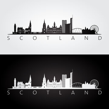 Scotland skyline and landmarks silhouette, black and white design, vector illustration.