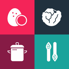 Set pop art Asparagus, Cooking pot, Cabbage and Coconut icon. Vector