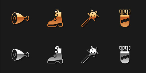 Set Chicken leg, Ancient viking boots, Mace with spikes and Quiver arrows icon. Vector