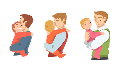 Man Character Holding Baby with Arms Nursing Him Vector Illustration Set