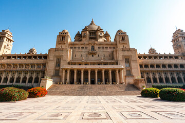 Facade of the Umaid Bhawan Palace in Jodhpur (build by Maharadja Umaid Singh), Rajasthan, India Asia