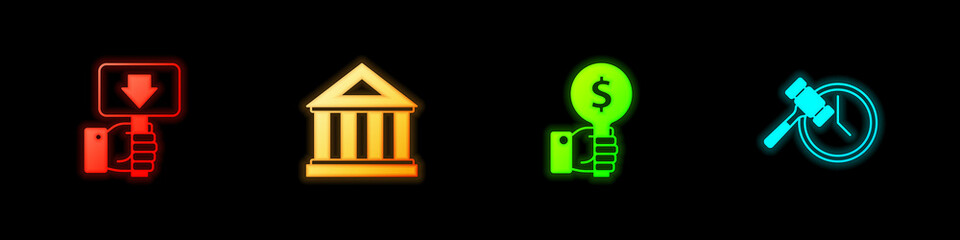 Set Hand holding auction paddle, Museum building, and Auction hammer icon. Vector