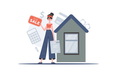 The girl is holding documents and a sign in her hands for sale. Selling a house or real estate. trendy style. Vector illustration.