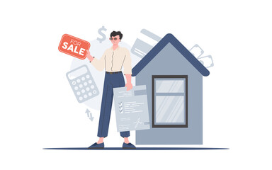 A man holds documents and a sign in his hands for sale. Real estate sale concept. trendy style. Vector illustration.