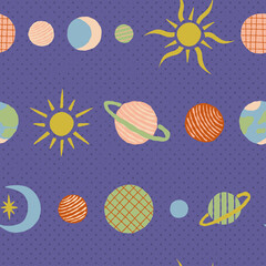 Cosmic seamless pattern with an Earth planet, Saturn, Sun, a crescent moon, a star. Retro 70s space repeat.