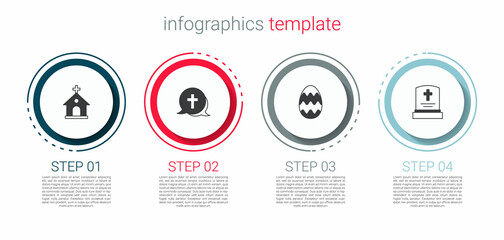 Set Church building, Christian cross, Easter egg and Grave with tombstone. Business infographic template. Vector