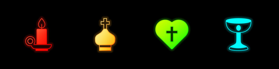 Set Burning candle in candlestick, Christian church tower, cross heart and chalice icon. Vector