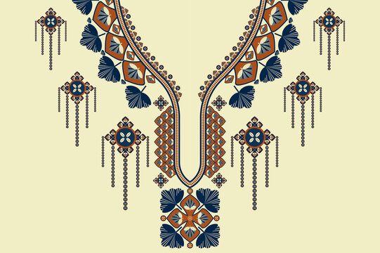 Vector ethnic African neckline pattern vintage color flower shape design on white cream background. Elegant tribal art for shirts.