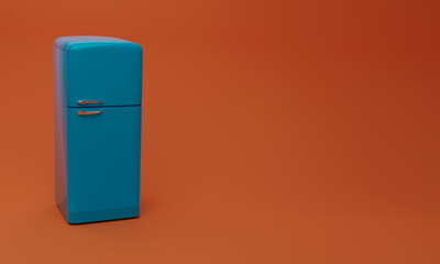 3d illustration, blue refrigerator, red background, copy space, 3d rendering