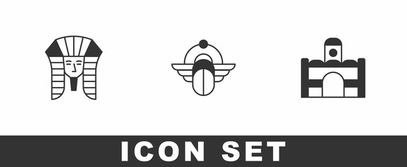 Set Egyptian pharaoh, Scarab and house icon. Vector