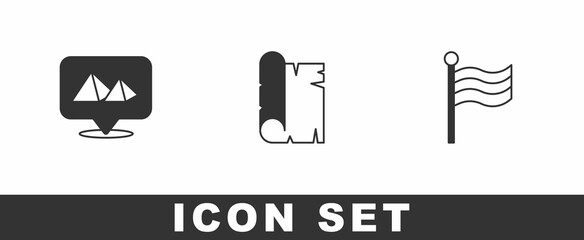 Set Egypt pyramids, Papyrus scroll and Flag Of icon. Vector