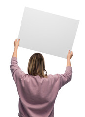 feminism and human rights concept - woman with poster protesting on demonstration over white...