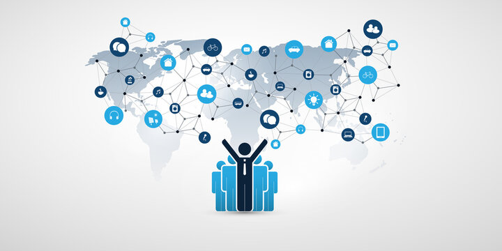 Cloud Computing and Networks Design Concept with Standing Happy Business Men and Icons - Digital IoT Network Connections, Technology Background