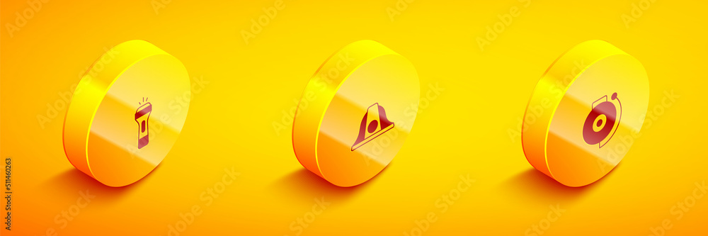 Wall mural set isometric flashlight, firefighter helmet and ringing alarm bell icon. vector