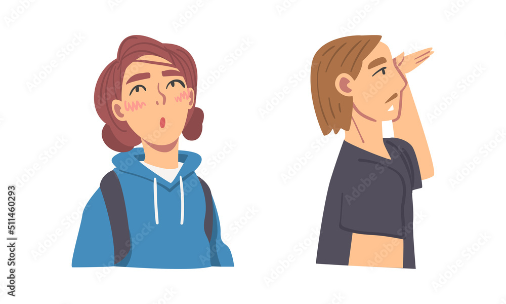 Poster man and woman looking in different direction with face expression vector set