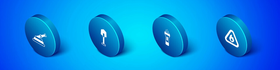 Set Isometric Fire hose reel, Flashlight, flame in triangle and shovel icon. Vector