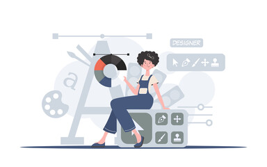 A woman sits on a design panel and holds a color palette. Design. Element for presentation.