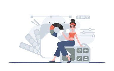 A woman sits on a design panel with a color wheel in her hands. Design. Element for presentation.