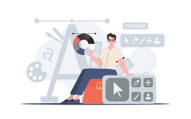 A man sits on a suitcase and holds a color palette. Design. Element for presentation.