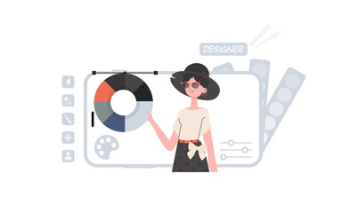 A woman stands waist-deep with a color palette. Design. Element for presentation.