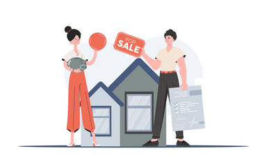 The girl is buying a house. Realtor with tabular for sale and document. Real estate purchase concept. Trend vector illustration.