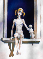 a girl and a cat are sitting on the windowsill, oil painting