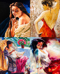 4 in 1, oil paintings of beautiful women in different poses - 511460827