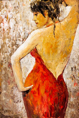 oil painting of a beautiful girl with her back in a red dress with a cutout
