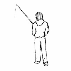 Illustration of a fisherman. Sketch of a man with a fishing rod.  Hand-drawn