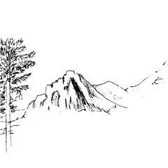 Illustration of a landscape. Sketch of mountains. Hand-drawn nature lane