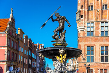 statue of Neptune fountain, symbol of city Gdansk, Poland, old town © Kotangens