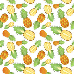 Whole and cut pineapple random repeat seamless pattern. Exotic fruit endless texture. Irregular boundless background. Summer surface design. Editable tile for fabric, stationery, cosmetics, flyer.