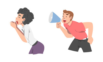 Fototapeta premium Man and Woman Character with Hand Near Mouth and Megaphone Shouting or Screaming Loud Vector Set