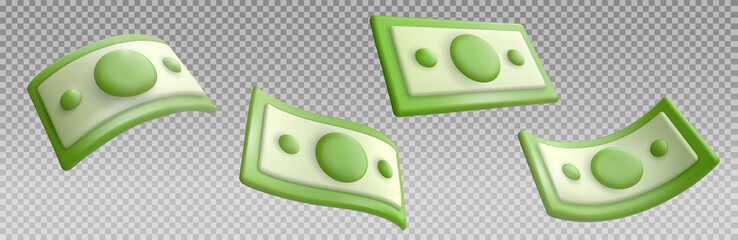 Vector 3d green money isolated on transparent background. Set realistic color cute symbol or icon. Collection sweet glossy dollar banknote. Cartoon illustration for game, banking, finance business.