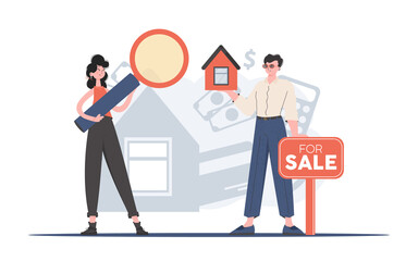 Guy and girl realtors. Real estate purchase concept. Good for posters, banners and presentations. Flat style. Vector illustration.