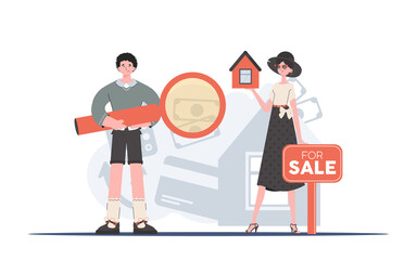 Guy and girl realtors. Real estate purchase concept. Good for posters, banners and presentations. trendy style. Vector.