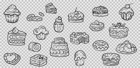 Big collection cartoon doodle funny silhouettes dessert bakery food. Set of hand drawn sketches cakes different variations isolated on transparent background. Vector sweets elements. - obrazy, fototapety, plakaty