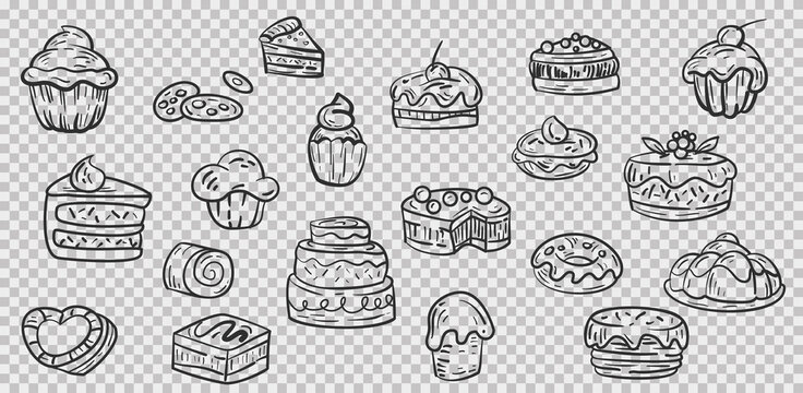 Big collection cartoon doodle funny silhouettes dessert bakery food. Set of hand drawn sketches cakes different variations isolated on transparent background. Vector sweets elements.