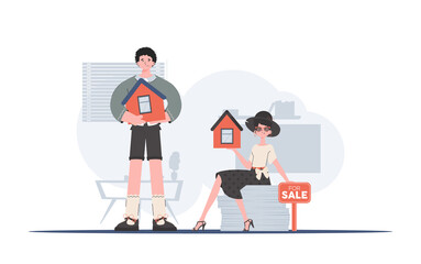 Guy and girl realtors. The concept of buying a house. Good for websites, apps and presentations. trendy style. Vector illustration.