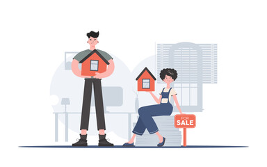 Guy and girl realtors. The concept of buying a house. Good for websites, apps and presentations. Trendy flat style. Vector.