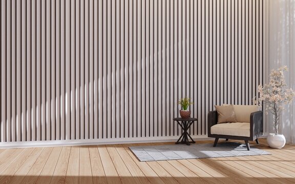 Home empty slat wall minimal style  with chair and shadow day light.3d rendering