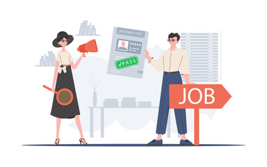 HR team. Girl with a mouthpiece. A man with a job test passed. Job search concept. Vector illustration in a flat style.