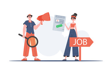 Fototapeta premium HR team. Man with a mouthpiece. A girl with a job test passed. The concept of finding employees. Trend style, vector illustration.