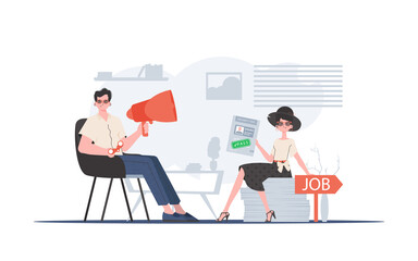 HR team. Man with a mouthpiece. A girl with a job test passed. Job search and human resource concept. Trend style, vector illustration.