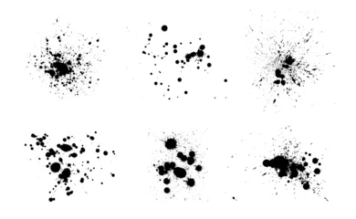 Gordijnen Black ink splatter isolated on white background. Watercolor paint brush texture. Ink splash and stain set. Grunge spray drop spatter, dirty blot splatters and splat. Abstract splash blobs © AminaDesign