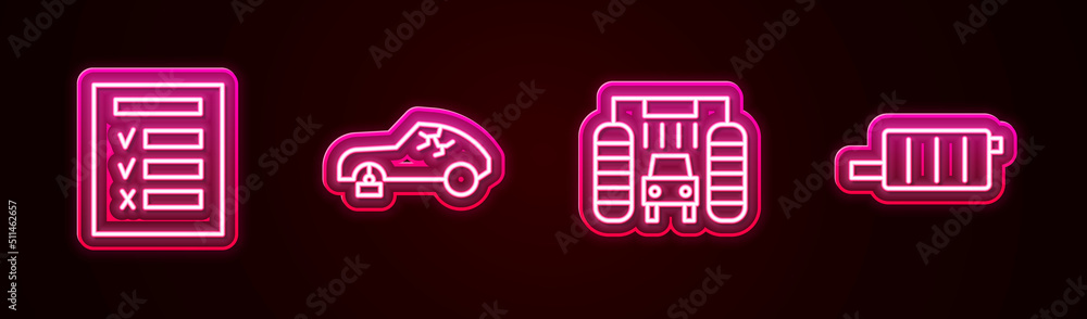 Sticker Set line Car inspection, Broken car, wash and muffler. Glowing neon icon. Vector