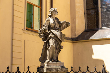Sculpture in front of the Latin Cathedral, Lviv, Ukraine.