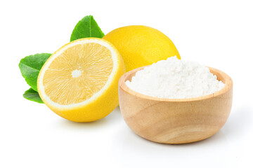 Baking soda or sodium bicarbonate powder and fresh lemon fruit isolated on white background.